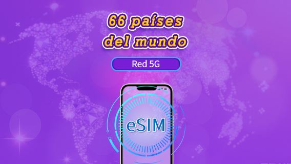 Global (66 países) | eSIM 5G/4G | Paquete total | Facturación cada 24 horas | 1-7 días | Código QR