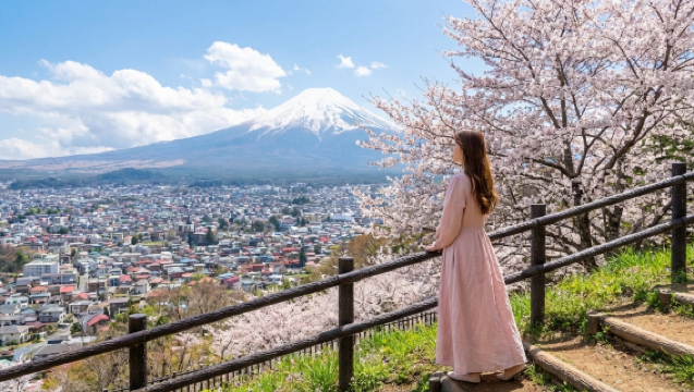 A one-day tour to see cherry blossoms at six major spots around Mount Fuji, including Lake Kawaguchi, Lake Yamanaka, Lawson, and Nikkawa Watch Shop.