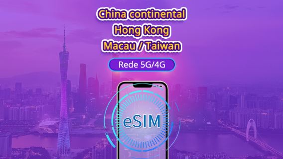 China Continental/Hong Kong/Macau/Taiwan | eSIM 5G/4G | Pacote diário/de dados | Cobrança de 24 horas | 1-30 dias | Código QR