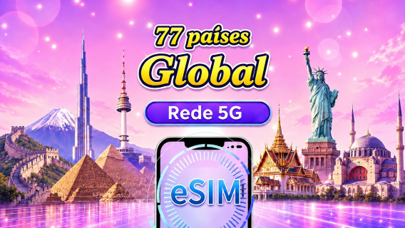 eSIM Global (77 países) 5G/4G | Compatível com Google Maps/TikTok/ChatGPT | Plano de dados total | Faturação a cada 24 horas | 1–30 dias | Código QR