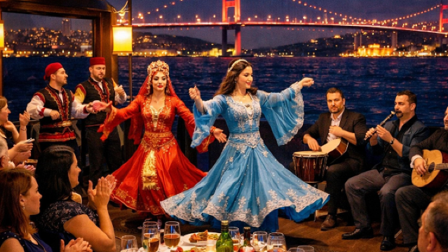 Excursión de un día en Estambul, Turquía - Crucero por el Bósforo en el crucero naranja de dopamina - Paseo nocturno con cena y bebidas incluidas