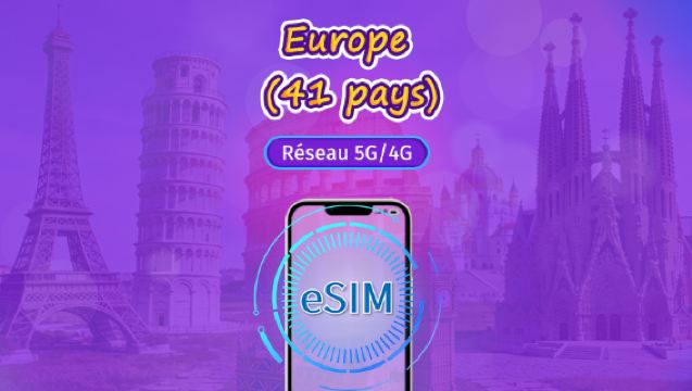 Europe (41 pays) | eSIM 5G/4G | Forfait journalier/forfait total | Facturation par jours naturels | 1 à 90 jours | Code QR