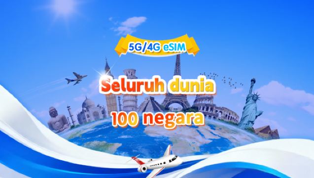 eSIM 5G/4G Global (100 Negara) | Pakej Harian/Jumlah | 500MB/hari - Jumlah 50GB | 1-90 hari | 24 jam | Kod QR