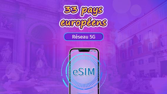 Europe (33 pays) | eSIM 5G/4G | Forfait journalier/forfait total | Facturation par jours naturels | 1 à 90 jours | Code QR