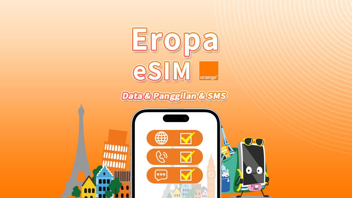 eSIM Europe Orange | Total 20GB–100GB | Panggilan & SMS tak terbatas di Eropa | 7–30 hari | Kode QR