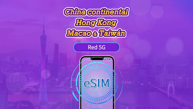 China Continental/Hong Kong/Macao/Taiwán | eSIM 5G | Pase diario/Paquete total | 24H | 1-30 días | Código QR