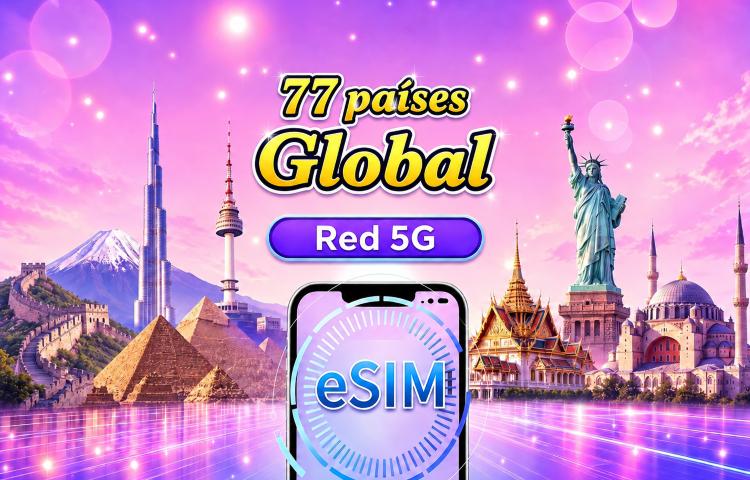 eSIM Global (77 países) 5G/4G | Compatible con Google Maps/TikTok/ChatGPT | Plan de datos total | Facturación cada 24 horas | 1–30 días | Código QR