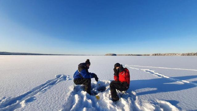 โรวาเนียมี ฟินแลนด์: ประสบการณ์สโนว์โมบิลหนึ่งวัน + ตกปลาในทะเลสาบน้ำแข็ง + ปิกนิกในป่า