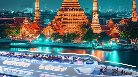 Bangkok di lusso, Thailandia | Crociera notturna sul fiume Chao Phraya a bordo della White Orchid | Nuovissima mega crociera | Cena a buffet | Ponte prioritario