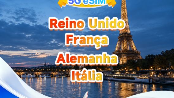 Reino Unido, França, Alemanha e Itália eSIM 5G | Múltiplas redes · Suporta All AI & TikTok | 500MB/dia - Total 50GB | 1-30 dias | Cobrança por 24 horas | QR code