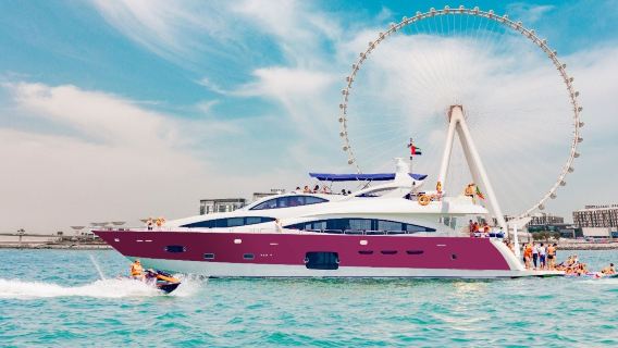Dubai Harbour: Yacht Ride & Slide, Swim & Snorkel with BBQ Lunch