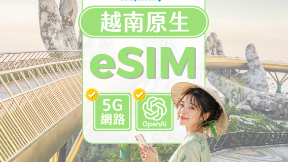 越南 Vinaphone 原生網路5G eSIM | 每日6GB/100GB | 可使用ChatGPT | 含通話及簡訊 | 自然日計費 | QR Code