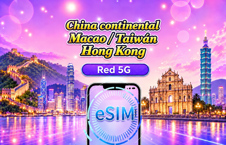 China Continental/Hong Kong/Macao/Taiwán | eSIM 5G | Pase diario/Paquete total | 24H | 1-30 días | Código QR