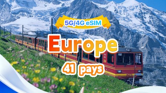 eSIM 5G/4G européenne | Forfait journalier/Forfait total | 500 Mo/jour - 50 Go au total | 1 à 30 jours | Système 24h/24 | QR code