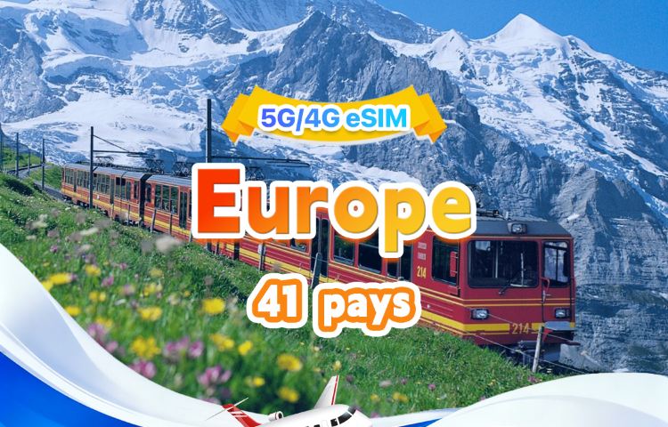 eSIM 5G/4G européenne | Forfait journalier/Forfait total | 500 Mo/jour - 50 Go au total | 1 à 30 jours | Système 24h/24 | QR code