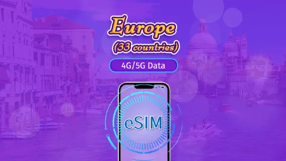 Europa (33 paesi) | eSIM 5G/4G | Pass giornaliero / Pacchetto totale | Addebito al giorno naturale | 1-90 giorni | Codice QR