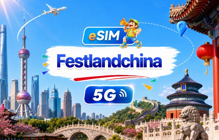 Festland China 5G eSIM | Tagespaket/Volumenpaket | 500MB/Tag - Gesamtvolumen 100GB | 1-60 Tage | 24-Stunden-System | QR-Code
