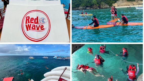 Paket Wisata Island Hopping Premium Boracay Red Wave mencakup kegiatan/aktivitas air: kano di perairan jernih, paddleboarding, snorkeling, seluncuran air, menyelam, dan menyelam(makan siang prasmanan).