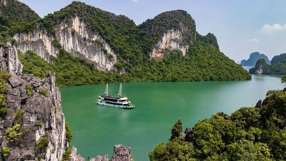 Beste prijs Halong 5-sterren dagcruisebuffet, zwembad, zonsondergangfeest