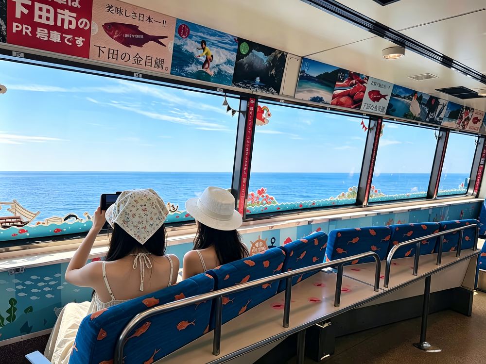 伊豆金目鯛號觀海列車車廂內，乘客透過全景車窗拍攝太平洋海景