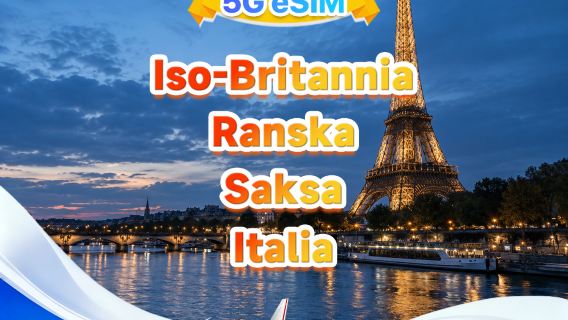 Englanti-Ranska-Saksa-Italia 5G eSIM | Moniverkko · Tukee All AI & TikTok | 500 MB/päivä - yhteensä 50 GB | 1-30 päivää | 24 tunnin laskutus | QR-koodi