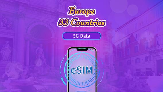 Europa (33 paesi) | eSIM 5G/4G | Pass giornaliero / Pacchetto totale | Addebito al giorno naturale | 1-90 giorni | Codice QR