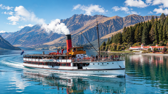 Neuseeland Reise Queenstown TSS-Dampfer mit optionaler Farmtour/Reiten Mittag-/Abendessen