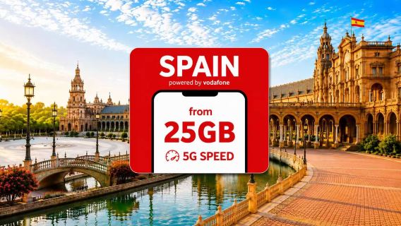 Vodafone 5G eSIM Spagna|Totale 25GB/90GB/140GB|Dati roaming in Europa|Giorno naturale|3-30 giorni|Codice QR