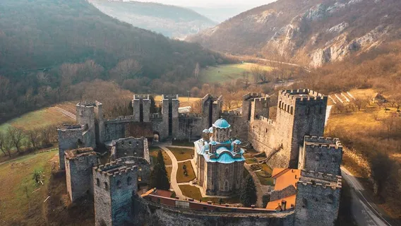 Manasija Monastery in Serbia with fortified medieval walls and church domes
