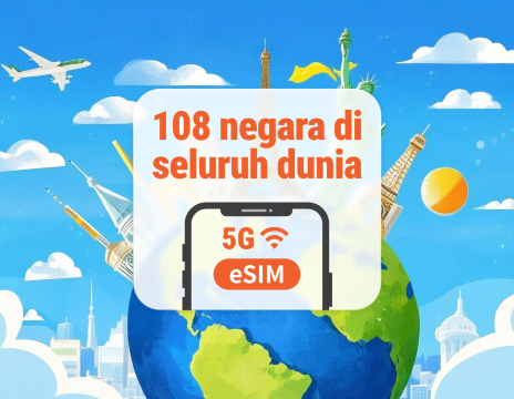 Destinasi Global 108 5G eSIM | Satu eSIM, Liputan Seluruh Dunia | Akses penuh AI & TikTok | 1–30 Har