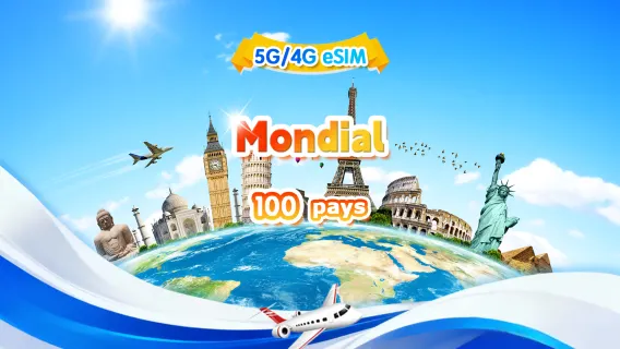 eSIM 4G/5G mondiale (100 pays) | Forfait données journalier/total | 500 Mo/jour - 30 Go de données totales | 1 à 30 jours | Facturation 24h/24 | QR code