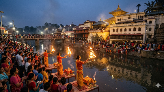 Kathmandu – Abendliches Feuerritual (Sandhya Arati) im Pashupatinath-Tempel