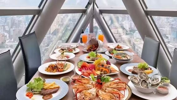 Buffet premium no Baiyoke Sky Hotel em Bangcoc (vista panorâmica de 360° de Bangcoc + observação em alta altitude + buffet sofisticado + experiência gastronômica diversificada em um só lugar)