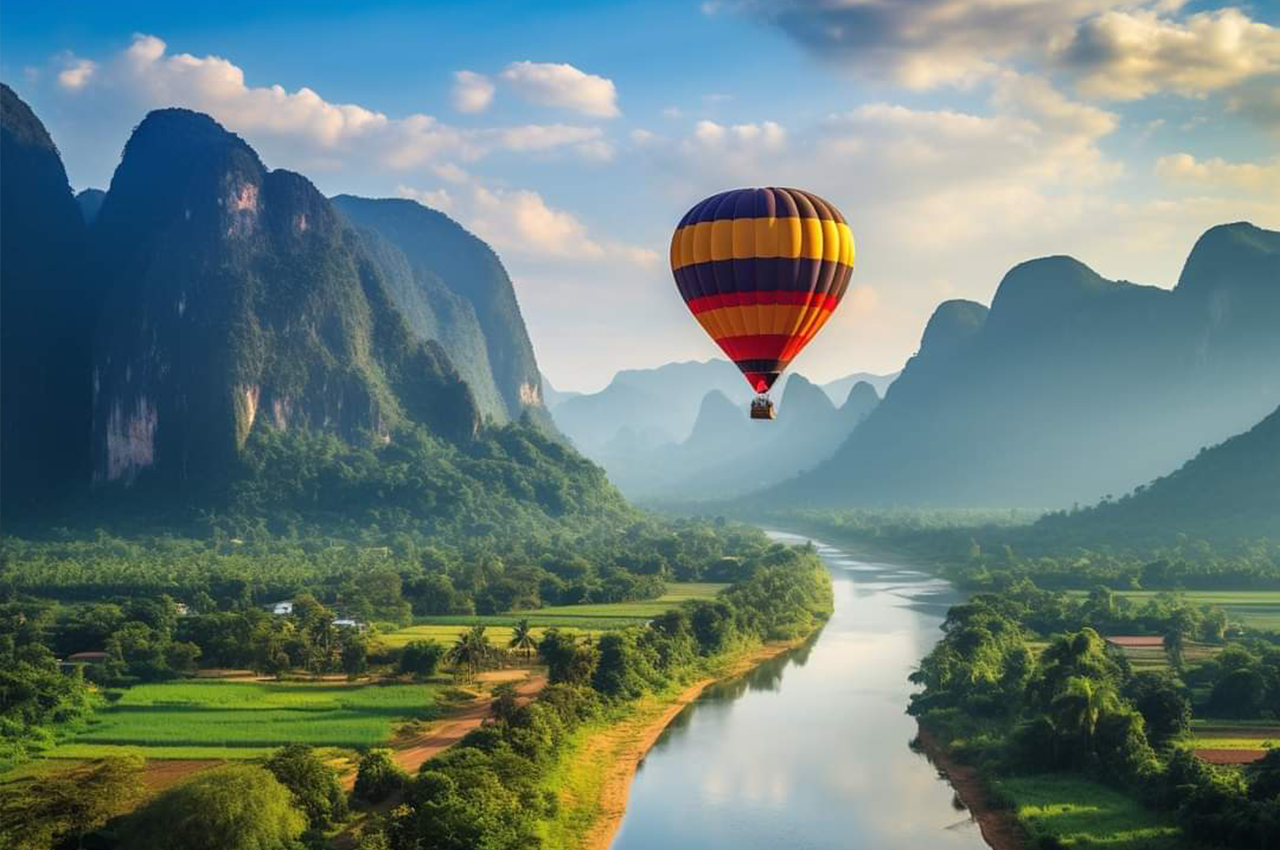 Hot air balloon ride in Vang Vieng, Laos with sunrise/sunset views and round-trip transfers
