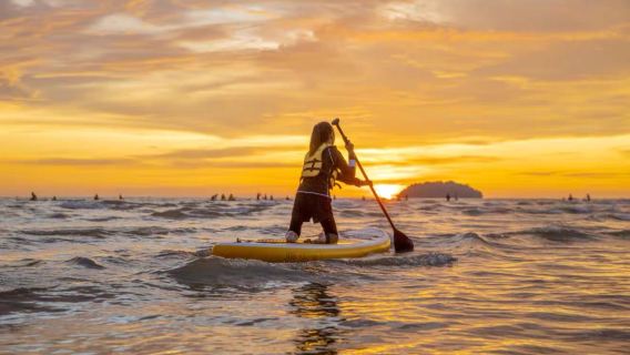 SUP na desce wiosłowej podczas zachodu słońca w Tanjung Aru, Kota Kinabalu, Sabah, Malezja