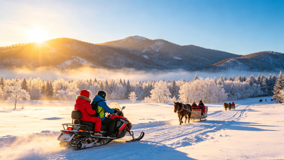 China Snow Town 1-day tour + Datuding Mountain snowmobile + Ice and snow gallery + horse-drawn sleigh + reindeer park