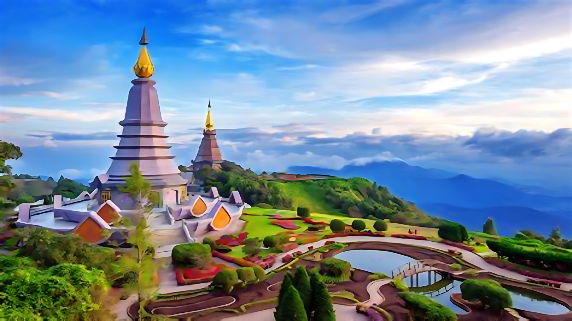 DOI INTHANON National Park with Waterfall and Hilltribe village