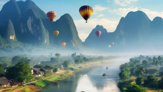 Vang Vieng 1-day tour [hot air balloon ride + Tham Jang, underwater cave + zipline + kayaking + lagoon 1]