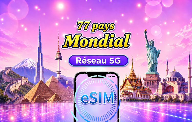 eSIM mondiale (77 pays) 5G/4G | Compatible avec Google Maps/TikTok/ChatGPT | Forfait de données total | Facturation toutes les 24 heures | 1 à 30 jours | Code QR