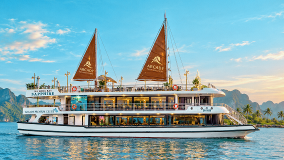 Arcady Premium Cruzeiro 5 estrelas na Baía de Ha Long: Taxa de entrada, jacuzzi, cavernas, almoço e sauna