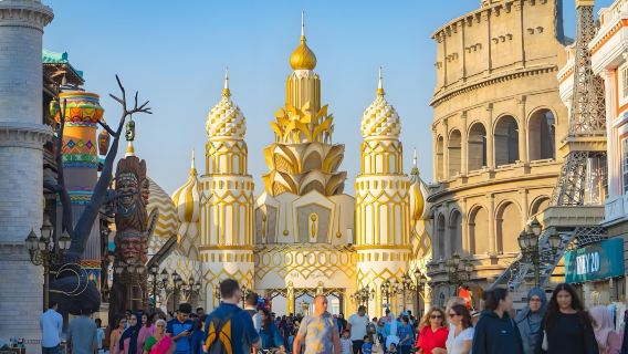 Dubai Dazzling Feast: Global Village + Dubai Miracle Garden + Jumeirah Beach + Musical Fountain Private Charter Day Tour