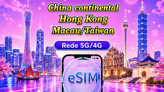 China Continental/Hong Kong/Macau/Taiwan | eSIM 5G/4G | Pacote diário/de dados | Cobrança de 24 horas | 1-30 dias | Código QR