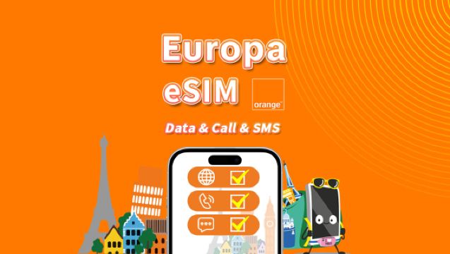 Europeisk Orange eSIM | 5G/4G | Totalt 20GB/50GB/100GB | Franskt nummer inklusive samtal och SMS | QR-kod
