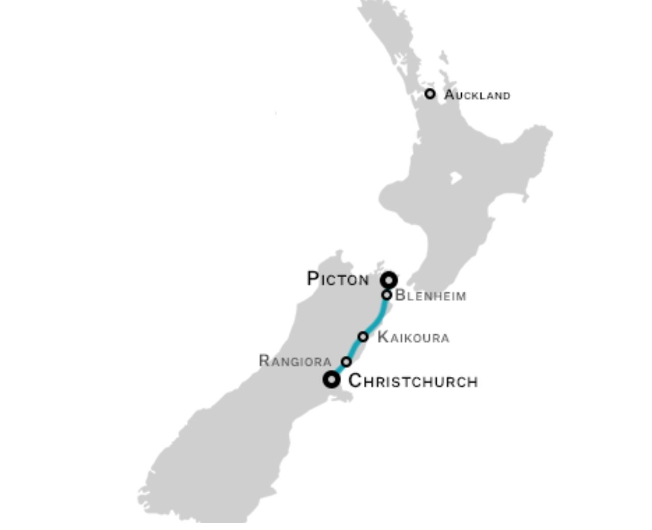Pacific Coast Scenic Train Journey on New Zealand's South Island: Christchurch - Kaikoura - Picton (Round-trip Pacific Coast train travel from Christchurch Station)
