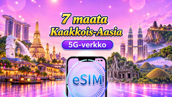 Kaakkois-Aasia (7 maata) | 5G/4G eSIM | Päiväpaketti/liikennepaketti | 24 tunnin laskutus | 1–30 päivää | QR-koodi