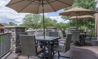 a patio with several tables and chairs , each table having an umbrella , is set up on a deck overlooking a park at Ramada by Wyndham Minneapolis Golden Valley