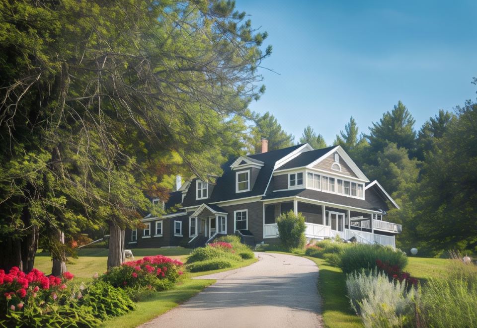 a large white house with a black roof , surrounded by trees and bushes , and a driveway leading up to it at Snowvillage Inn