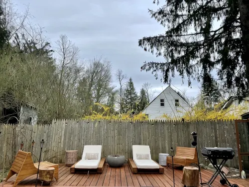 Cozy cabin with deck and fireplace steps from White Pond Lake. Dog friendly.