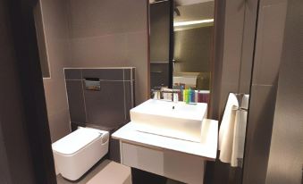 a modern bathroom with a white sink and toilet , gray walls , and a large mirror at Copperwood Hotel and Conferencing
