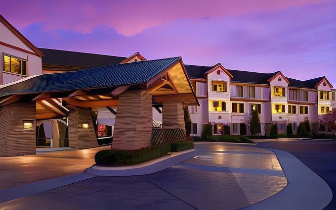 a large hotel building with a red roof and a covered walkway leading to it at Lodge at Feather Falls Casino